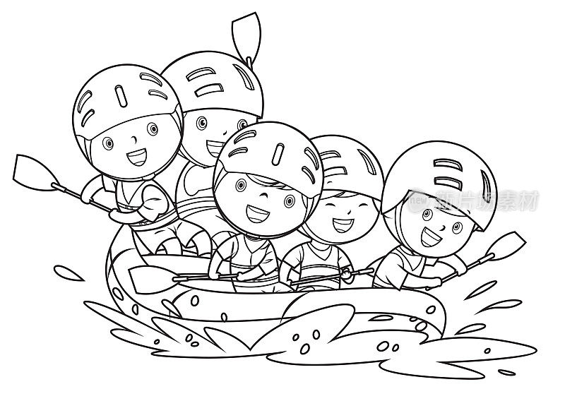 Coloring Book, Kids rafting in a river